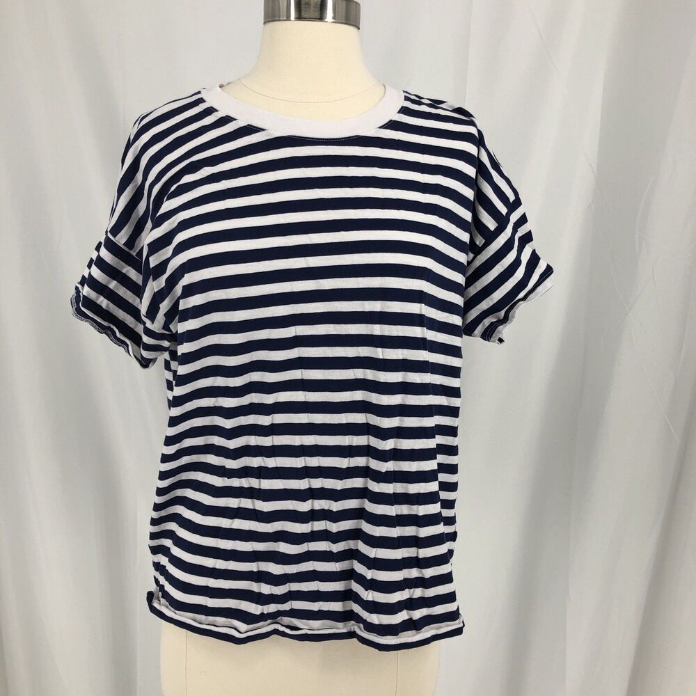 J.CREW Vintage Jersey Blue/White Striped Cotton Crew Tee Large Classic Fit